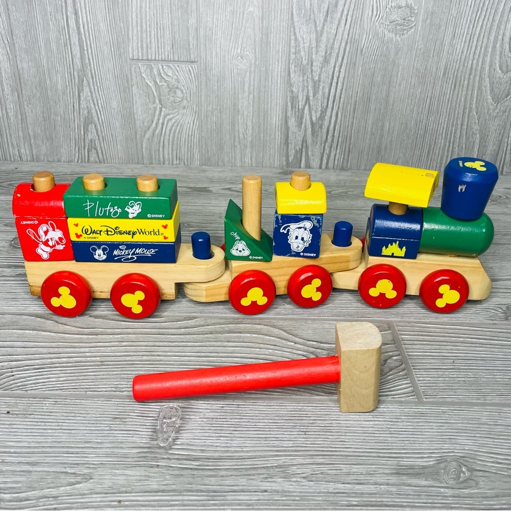 Disney store wooden Toy Train Mickey Mouse Wood Blocks Stacking Train w/ hammer
